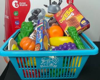 Play shopping basket and food