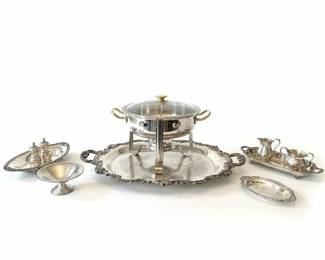 Silver Plated Chafing Dish and Serving Set with Creamer, Sugar, and Salt/Pepper Shakers