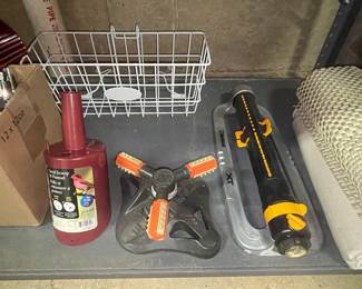 Heath Seed Scoop & Funnel, Orbit 3-Arm Sprinkler, and Melnor XT Hose Nozzle