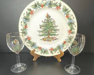 Spode Christmas Tree Plate and Glasses