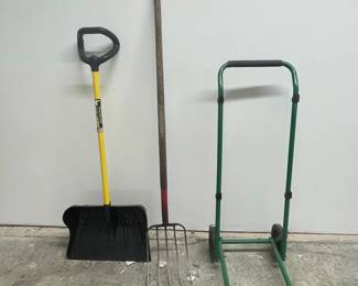 Gardening Tools Lot: Snow Shovel, Pitchfork, and Hand Truck