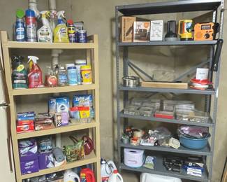 Assorted Household Cleaning Supplies and Industrial Shelving Units