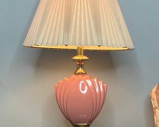 Vintage 1980s Pink Ceramic and Brass Hollywood Regency Table Lamp