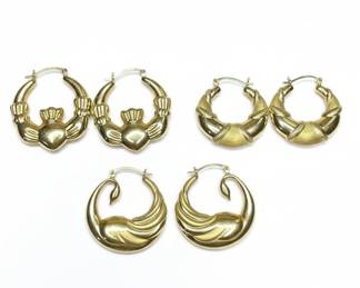 14k Gold Claddagh, Textured Swirl, and Swan Hoop Earrings