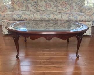 Oval Glass Top Coffee Table with Carved Wood Base - Queen Anne Style