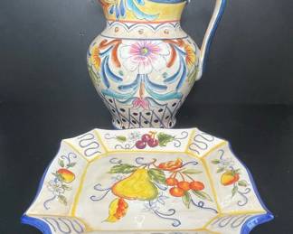 Italian Fruit Ceramic Pitcher and Tray