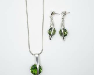 Sterling Silver Peridot Pendant Necklace and Matching Earrings Set
