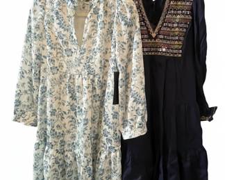 Tuckernuck Floral Print Tiered Midi Dress & Pomander Place Embellished Navy Dress