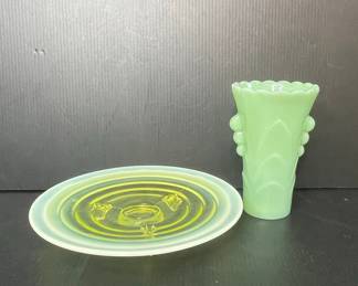 Yellow Opalescent Uranium Glass Candlestick Holder / Dish