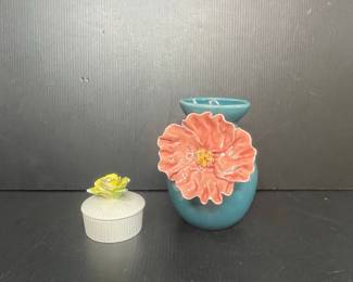 Ceramic Trinket Box with Rosebud Finial and Coral Flower Vase