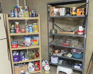 Assorted Household Cleaning Supplies and Industrial Metal Shelving Unit