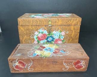 Hand-Painted Quarter-Sawn Oak Box and Smaller Wooden Box