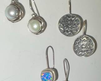 Sterling Silver Filigree, Pearl, and Opal Earrings