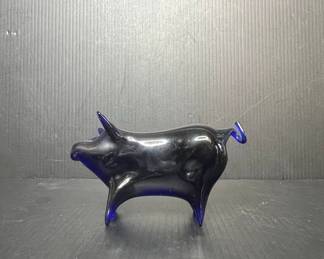 Murano Style Blue Glass Pig Figurine