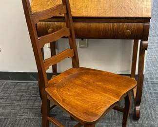 Antique Oak Drop Front Oak Secretary Deskno Key Chair