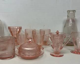 Pink Depression Glass And Milk Bottles