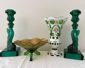 Carnival Glass, Bohemian Czech Glass Emerald Glass