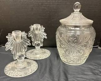 Glass Jar And Etched Candlesticks