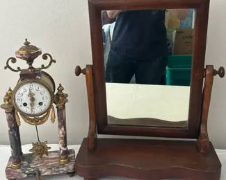 Vintage Louis XVI Mantle Marble Metal Clock, Wood Table Top Swivel Mirror
