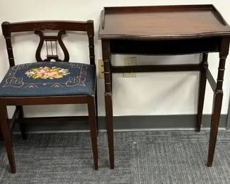 Antique Wood Telephone Table Wood Needlepoint Seat with Lyre Back