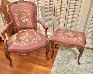 Victorian Style Chair and Foot Stool with Needlepoint