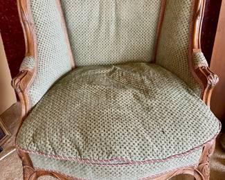 French Louis XV Style Pale Green Upholstered Bergère Chair 