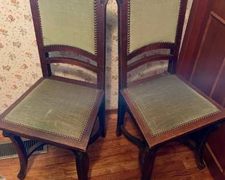 Pair of Art Nouveau Style Dining Chairs with Green Upholstery