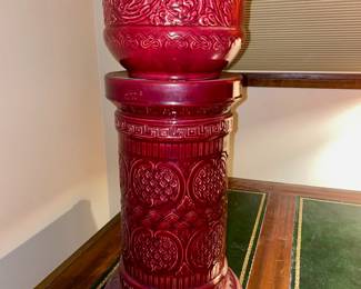 Red French Majolica Jardinière on Stand 