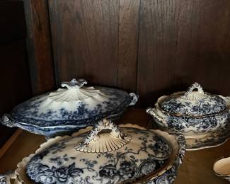 1890s Keeling & Co Late Mayers Flow Blue Gilded Tureens & Gravy Boat