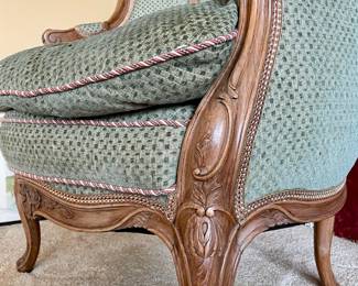 French Louis XV Style Pale Green Upholstered Bergère Chair 