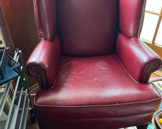 Pottery Barn Berry Red Leather Thatcher Wing Back Armchair