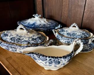 1890s Keeling & Co Late Mayers Flow Blue Gilded Tureens & Gravy Boat