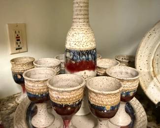 Vintage Leon Kula Handmade Stoneware Pottery wine set