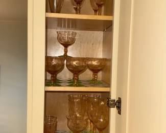 Rose Depression glass set (6 to 8 of each) - Parfait glasses, dessert or coupe glasses, water glasses, wine glasseses, and shot/cordial glasses