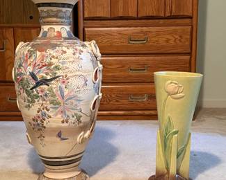 Left - Vintage Japanese Satsuma Vase, Right - 1950's Roseville Wincraft