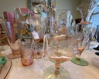 Rose Depression glass set (6 to 8 of each) - Parfait glasses, dessert or coupe glasses, water glasses, wine glasseses, and shot/cordial glasses