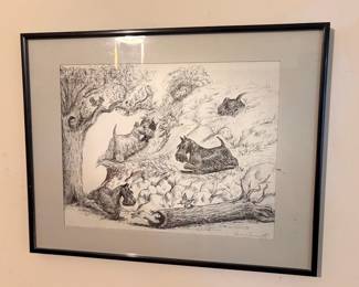Framed & Matted Scottish Terriers Playing Pen Drawing by Sam Cornell