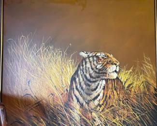 Framed 1970s Tiger Painting by R. Delongprie