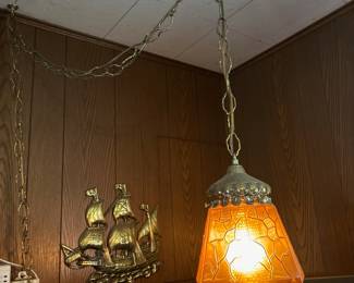 Mid Century Amber Glass Swag Lamp