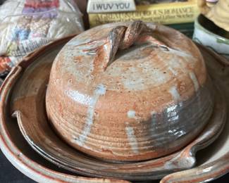 Brown Studio Pottery Covered Butter Dish & Spouted Dish - Signed Teresa