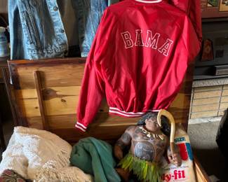 Light Wash Denim Jacket, 1990s Seattle Mariners SnapBack Trucker Hat, Circa 1990s University of Alabama "BAMA" Red Satin Bomber Jackets