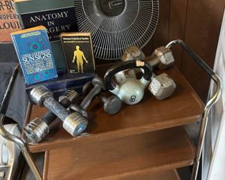 Lasko Adjustable Pedestal Fan, Dumbbell Weights, 8lb Kettle Bell Weight, Linda Goodman's Sun Signs Paperback Book, 1965 Anatomy in Surgery by Philip Thorek, 1973 Webster's Medical Speller Book