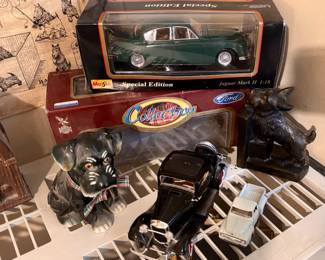 Maisto Special Edition 1959 Jaguar Mark II 1:18 Scale Diecast Model, Schnauzer Terrier Ceramic Figurine, 1932 Road Legends 3-Window Ford Coupe 1:18 Scale Diecast Model