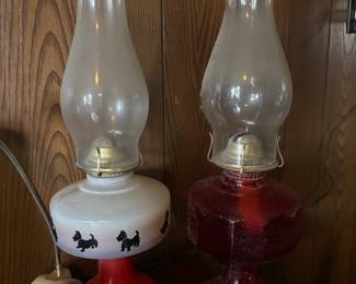 1940s Scottie Dogs Oil Lamp, Ruby Red Glass Oil Lamp