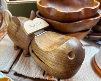 Mid Century Wood Carved Hippo Trinket Box