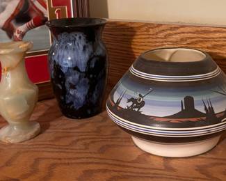Carved Onyx Marble Bud Vase, Blue Glazed Pottery Vase Signed Ewenny Wales, Navajo Pottery Vessel Signed by D. Yazzie