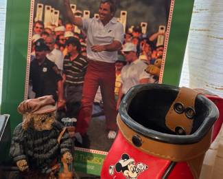 1990 The Players: Golf by Peter Thomson, 1995 Ganz Cottage Collectibles Dempster Fore Golfer Bear Figurine, Disney Mickey Mouse Golf Bag Pen Holder