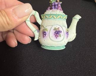 Miniature Teapot Figurine with Grapes and Pastel Trim