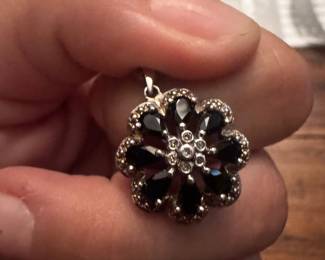Sterling Silver Black Onyx and White Topaz Flower Pendant Necklace