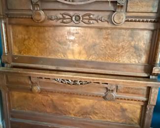 Antique Eastlake Victorian Walnut Burl Full Size Bed Frame